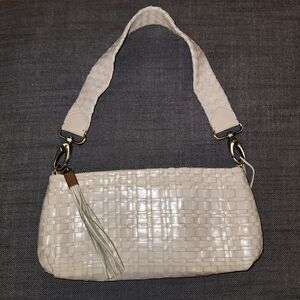 Vintage Elliott Lucca Mini Shoulder Bag Cream Woven Braided Leather Tassels Y2K